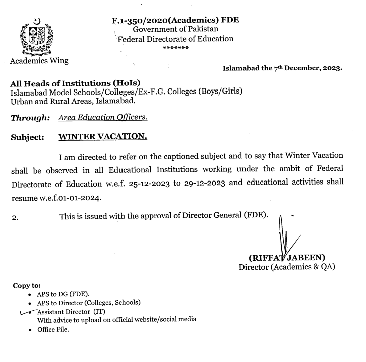 Islamabad Schools Winter Vacations