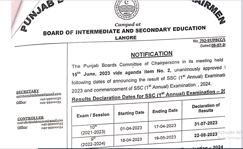 BISE Gujranwala 9th Class Result 2023 Gazette Download PDF